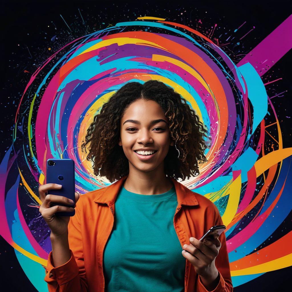 A split-image depicting a person looking frustrated with a locked smartphone on one side, and the same person smiling with an unlocked phone displaying vibrant connections on the other. Incorporate a background of swirling, colorful signals representing freedom and connectivity. Emphasize the contrast between constriction and liberation. modern graphic style. vibrant colors.