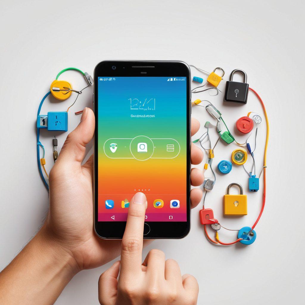 A vibrant, step-by-step visual guide showcasing the smartphone unlocking process, featuring a pair of hands holding a smartphone with a bright lock icon transforming into an open padlock. Include illustrations of tools like USB cables and software icons, floating diagram overlays, and a backdrop of colors that represent joy and freedom. The design should radiate a sense of exploration and clarity. super-realistic. vibrant colors. white background.