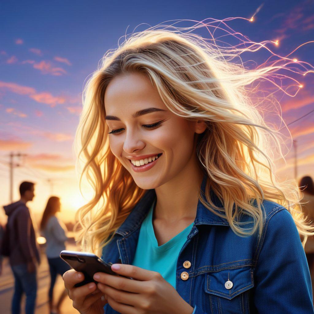 A bright, sunny scene depicting a person smiling while using a smartphone, with glowing locks visually unlocking around the device. In the background, diverse people are enjoying their mobile devices, symbolizing freedom and connectivity. Incorporate subtle tech elements like circuit patterns in a dreamy sky. The overall tone should convey joy, empowerment, and the excitement of unlocking potential. vibrant colors. super-realistic.